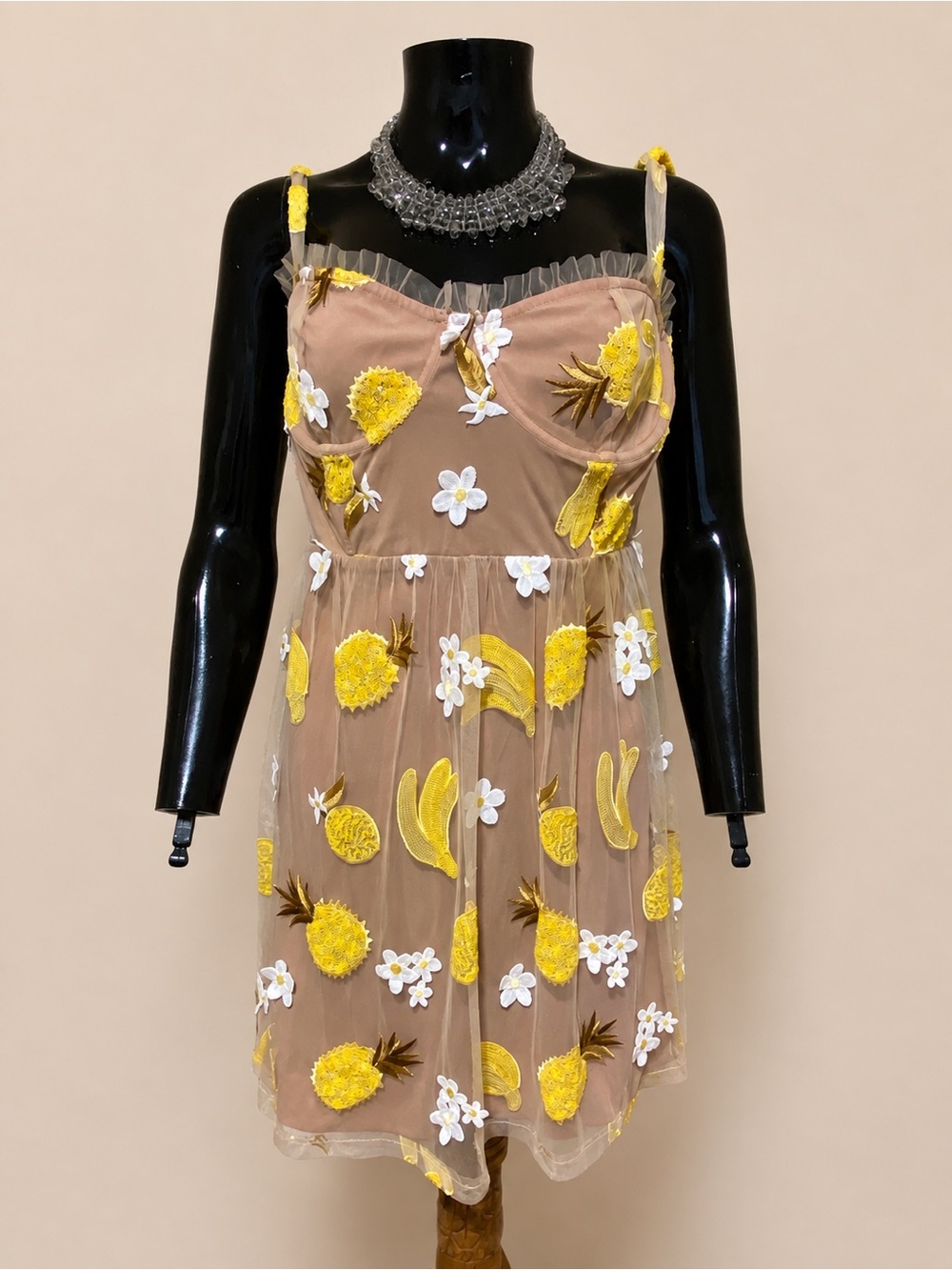 For Love & Lemons Yellow Pineapple & Banana mini Dress - size L